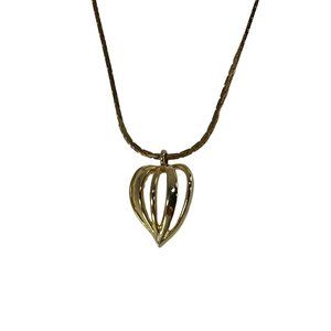 Gold Tone Heart Pendant Necklace Vintage Reticulated Open Goldtone 89132
